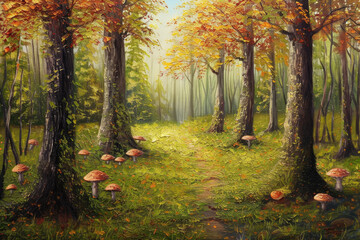 Autumnal Forest Path With Golden Leaves and Wild Mushrooms at Dusk