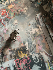 A GERMAN WEIMARANER and Teddy bear pose in an aerial shot surrounded by Hermes graffiti