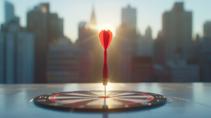Naklejka na ściany i meble Red dart hitting the center of bull's eye on dartboard with city view and sunlight on background. Strategic, Perfect, Success, Goals business and achievement concept.