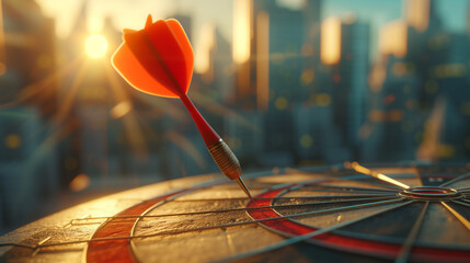 Red dart fails for hitting the center of target on floor. Missing target, Business failure and loss of focus. Development, Strategic, Success, Goals business and achievement concept.