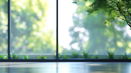 Fototapeta premium An office with wide open spaces and a beautiful view of nature through large windows. Environmentally friendly.