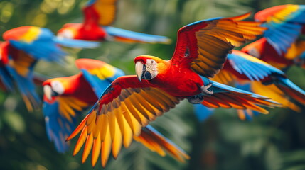 Vibrant scarlet macaws in flight with a lush green forest background.