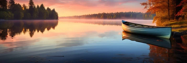 Fototapeten A peaceful sunset scene on a calm lake with reflections and a rowing boat © Wolfilser