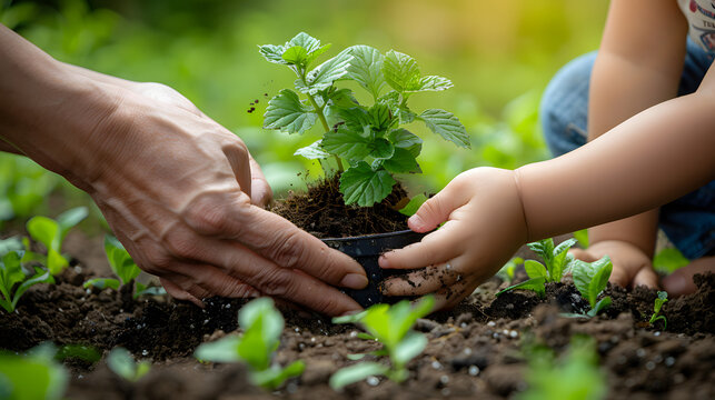 Photograph a child's hands holding a small potted plant, guided by an adult's hands to plant it in the ground. Depict the joy and wonder of a child's first gardening experience.