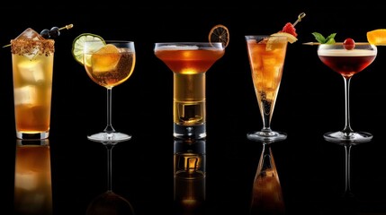 Variety of alcoholic drinks and multi colored cocktails on the reflective surface of bar counter. Blurred shelves with bottles on background