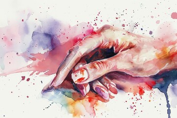 hand with manicure watercolor illustration. beauty nails salon poster or social media and website banner. Flyer template.  - obrazy, fototapety, plakaty