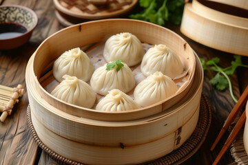Fototapeta na wymiar Chinese steamed dumplings. Steamed Xiao Long Bao Dumplings Elegantly Presented in a Bamboo Steamer.