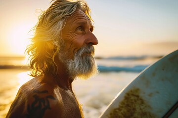 senior man surfer portrait closeup at sunset standing in the ocean with sandy surfboard. Catching waves and surf camp trip. Active travel lifestyle when aging. - obrazy, fototapety, plakaty