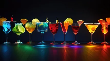 Fotobehang Variety of alcoholic drinks and multi colored cocktails on the reflective surface of bar counter. Blurred shelves with bottles on background © Mark Pollini
