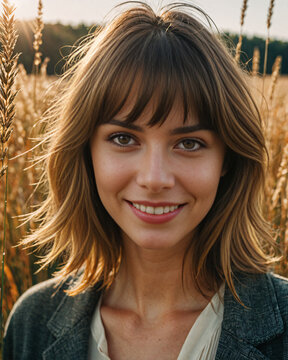 young woman, girl in wheat field, smiling into the camera, photo shoot, portrait photography, nature