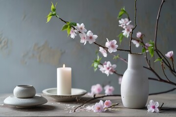 minimal still life with spring sakura cherry blossoms on branch and candle. Japanese style floral arrangement. Home decor.
