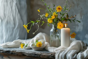 minimal still life with yellow flowers, white folded fabric  and burning candle. Stylish elegant spring floral arrangement. Home decor.