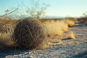 tumbleweed plant in the desert landscape by the road