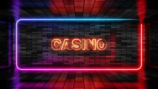 Neon sign casino in speech bubble frame on brick wall background 3d render. Light banner on the wall background. Casino loop royal and roulette. Jackpot, chips, design template, night neon signboard