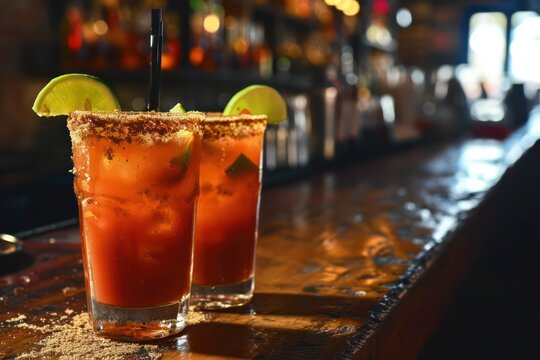 two michelada drinks with lime at mexican bar. Beer and tomato juice cocktail.