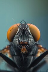 Close-Up View of a Houseflys Head and Compound Eyes in Natural Light - 738679449