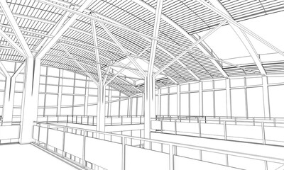 Contour of сommercial center atrium with domed ceiling and glass walls. 3d illustration