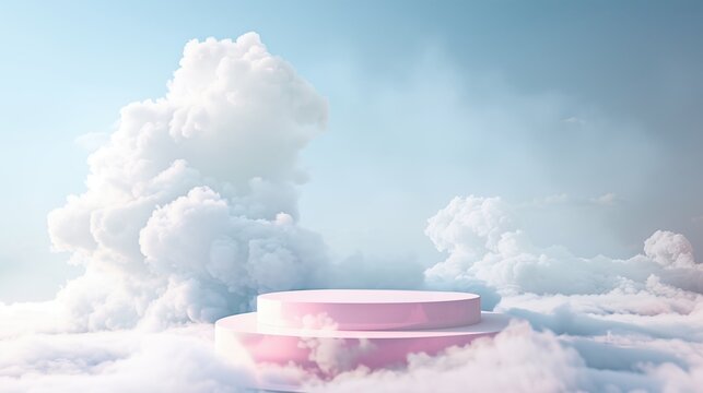 Background with pink and blue 3D podium in the sky surrounded by clouds. Luxury platform for product beauty display concept. Pink stand scene with podium in smoke.