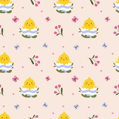 Happy Easter seamless pattern with chicks