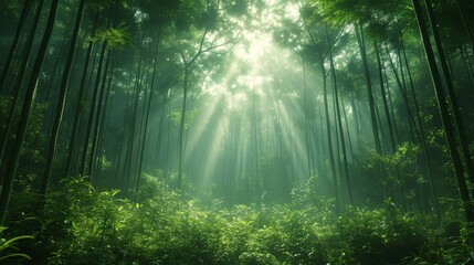 Fototapeta na wymiar Tranquil Bamboo Forest with Sunlight Filtering Through: A serene bamboo forest with sunlight filtering through the dense foliage, creating a calming atmosphere.
