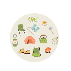 Fototapeta premium Round background of camp equipment. Vector illustration of backpack, kettle, tent. hiking boots, rope, fire. 