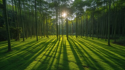Fototapeta premium Tranquil Bamboo Forest with Sunlight Filtering Through: A serene bamboo forest with sunlight filtering through the dense foliage, creating a calming atmosphere.