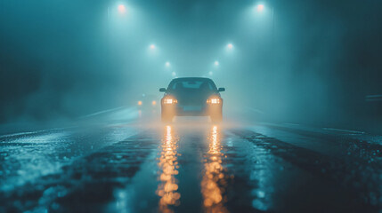 Rainy autumn headlights car highway fog background.