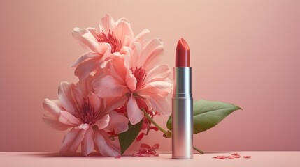 a lipstick next to beautiful pink flowers - obrazy, fototapety, plakaty