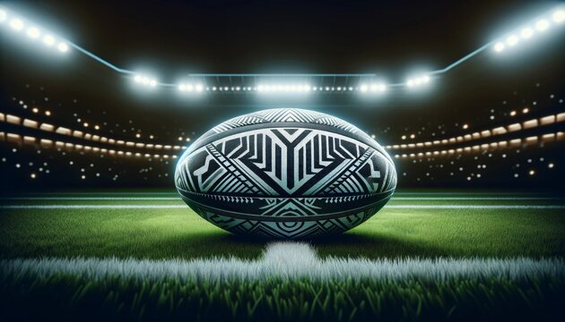 A rugby ball featuring minimalist tribal patterns, on the green and lush grass of the field, under the bright lights of a stadium at night - Powered by Adobe