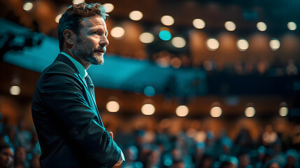 A powerful image capturing an inspiring conference speaker on stage, delivering a captivating speech. Perfect for conveying motivation and energy. - obrazy, fototapety, plakaty