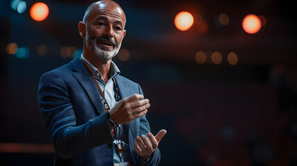 A powerful image capturing an inspiring conference speaker on stage, delivering a captivating speech. Perfect for conveying motivation and energy. - obrazy, fototapety, plakaty