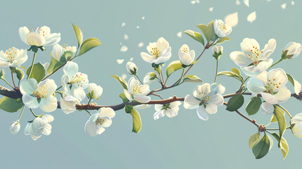 Realistic fruit tree branch with spring flowers.