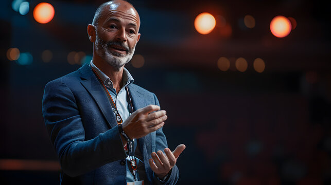 A powerful image capturing an inspiring conference speaker on stage, delivering a captivating speech. Perfect for conveying motivation and energy.