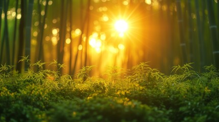 Obraz premium Tranquil Bamboo Forest with Sunlight Filtering Through: A serene bamboo forest with sunlight filtering through the dense foliage, creating a calming atmosphere.