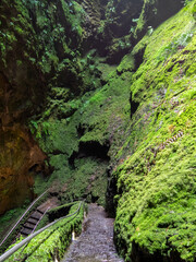 Staircase going down the Algar do Carv&atilde;o lava tube, Terceira Island, Azores