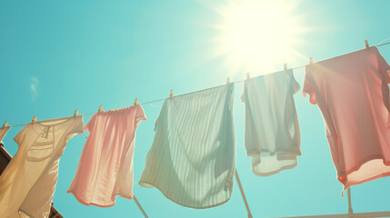 Pastel coloured sheets dry on clothesline against the background of blue sunny sky. Laundry day concept. Generative AI