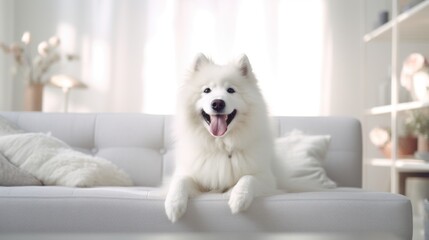 a white dog is sitting on top of a white sofa