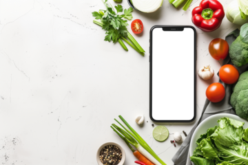 vegetarian food, vegetables next to smartphone, e-commerce concept, app mockup, png file with transparency