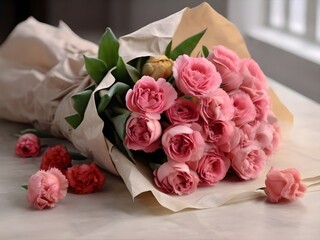 Bouquet of Fresh Beautiful Pink, White, Red, Green Flowers Roses and Tulips for Gift 