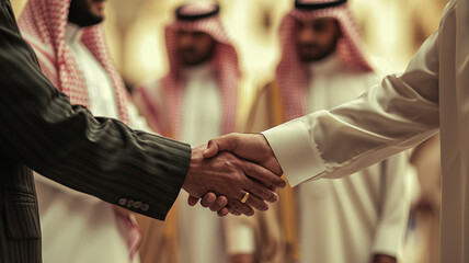 Multi-racial business meeting between a successful Arab investor and business people in an office