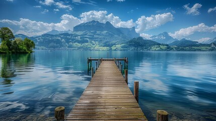 boat dock on Lake Zugersee and mount rigi