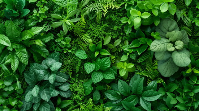 Dense variety of green plants forming a natural pattern, symbolizing growth and ecology.