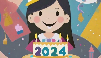 A person celebrating birthday with a cake and candles in the shape of "2024"