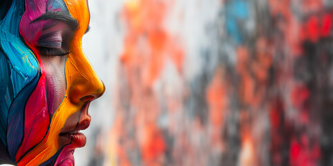 Diverse profile portrait of a painted woman on a colored background. Highlighting ethnicities, genders and diversity. Creative banner with copy space. - Powered by Adobe