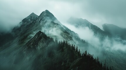 Mountain Range in Juneu Alaska, Foggy, Cloudy Sky, Rainy Day, Cool Tones, Mountain Ridge