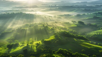 Beautiful aerial View of hilly landscape in morning mist with sun rays, banner format
