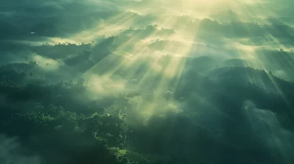 Foto auf Leinwand Beautiful aerial View of hilly landscape in morning mist with sun rays, banner format  © Ziyan