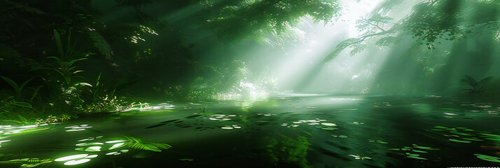 Mystical Forest Light: Sunbeams Piercing Through Trees in a Foggy Woodland, Creating a Serene and Enchanting Scene