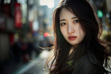 beautiful asian young woman on the street in tokyo at, in the style of luminous portraits, glamour...