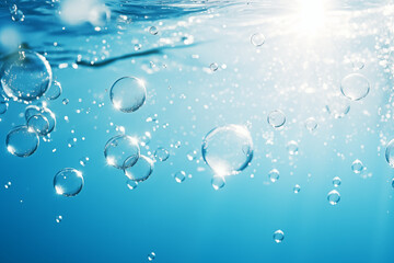 Underwater image in clear fresh blue water with bubbles